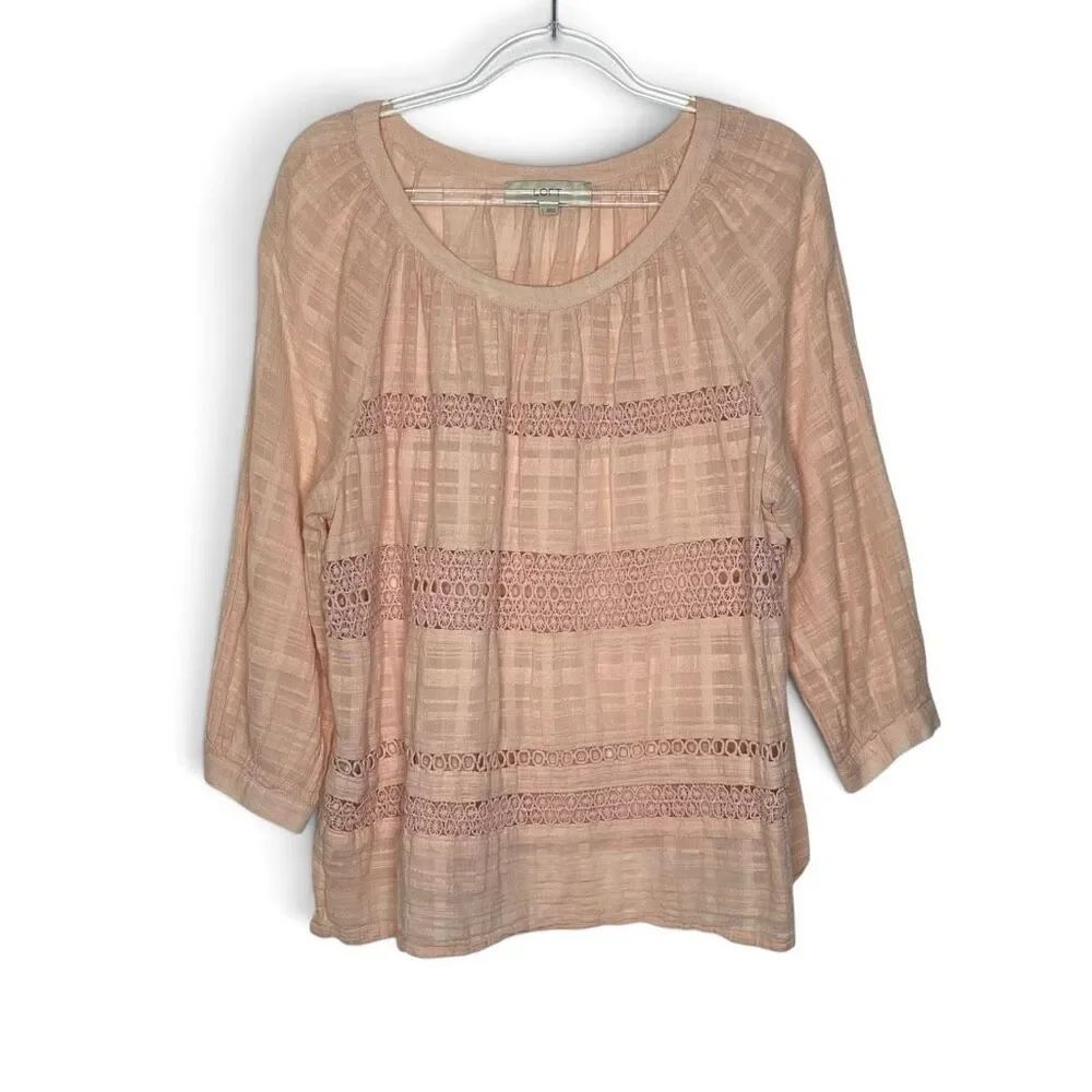 Ann Taylor Loft Peach Pink Crocheted Eyelet 3/4 Sleeve Top Blouse Women’s Large